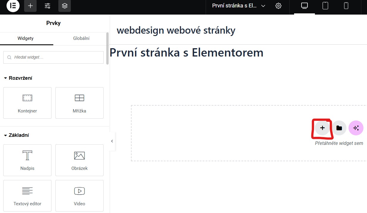 flexbox-elementor Ikona plus - vložení widgetu - základy práce s Elementorem