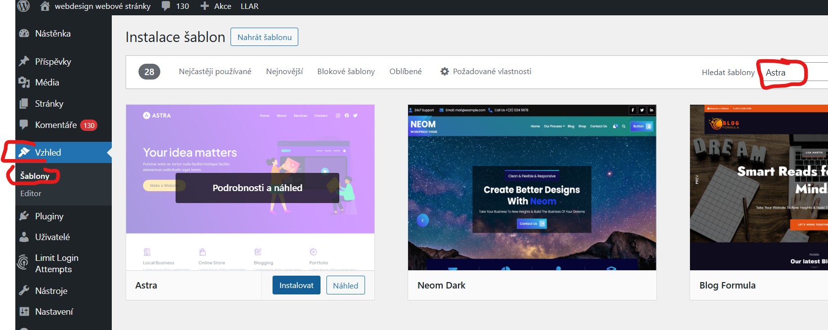 instalace-sablony-do-wordpressu jak instalovat do WordPress šablonu - Vzhled, šablony, hledat šablony vepíšeme Astra