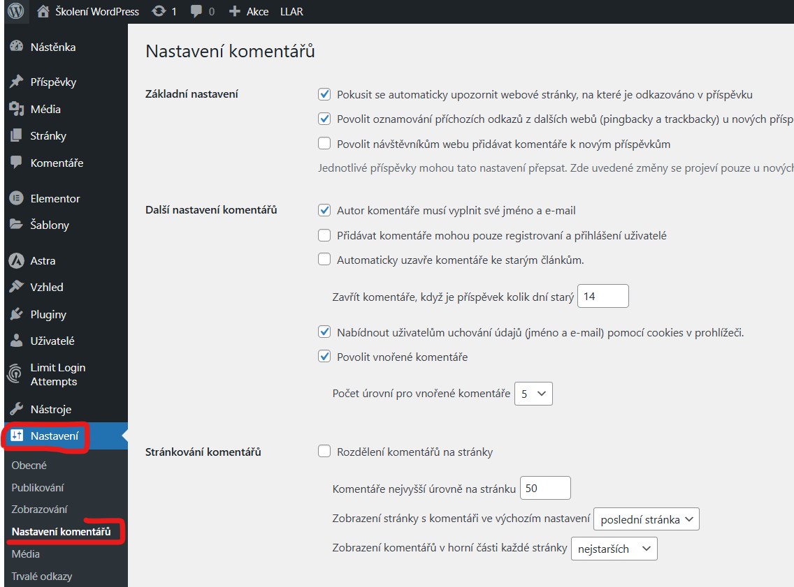 nastaveni-komentaru Nastavení - Nastavení komentářů - WordPress úvodní nastavení - jak se zorientovat v administraci