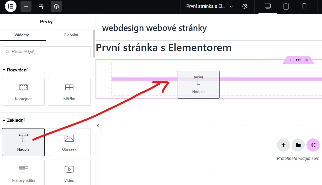 pretahnuti-nadpisu-do-sekce Jak vložit nadpis - základy práce s Elementorem