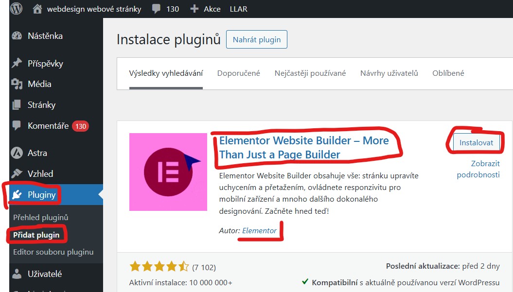 pridani-editoru-do-webu-nejlepsi-website-builder-elementor-wordpress Přidání editoru Elementor přes Puginy - Přidat plugin
