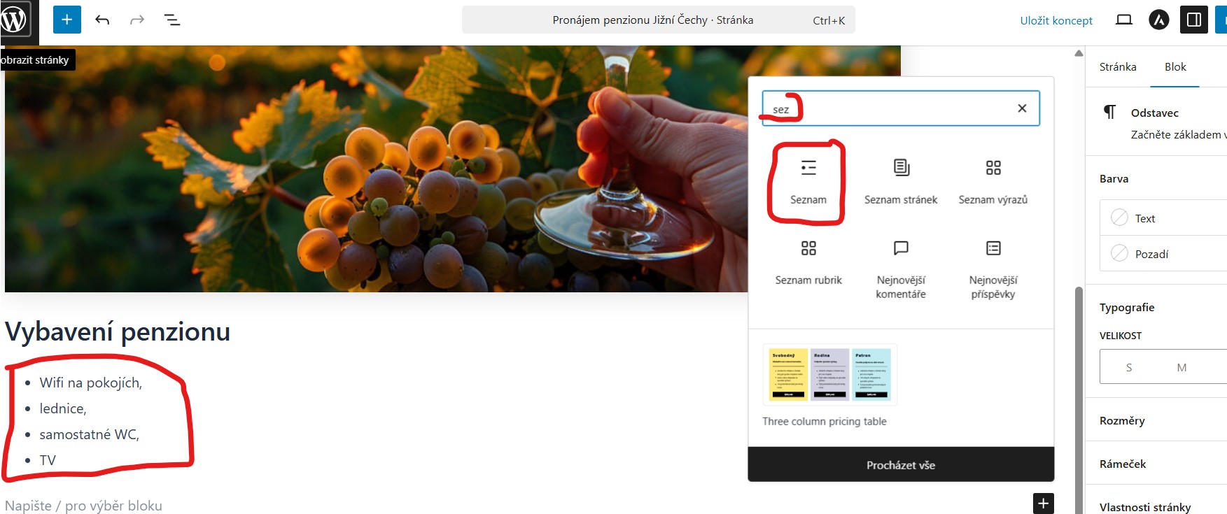 seznam-polozek-v-gutenbergu-wordpress Vytvoření seznamu v Gutenberg editoru