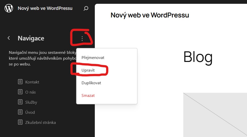 vzhled-editor-navigace-ikona-tri-tecky-upravit-wordpress Jak vytvořit menu ve WordPressu - v menu najdete položku Vzhled - Menu - napíšete název menu a klinete na Vytvořit menu