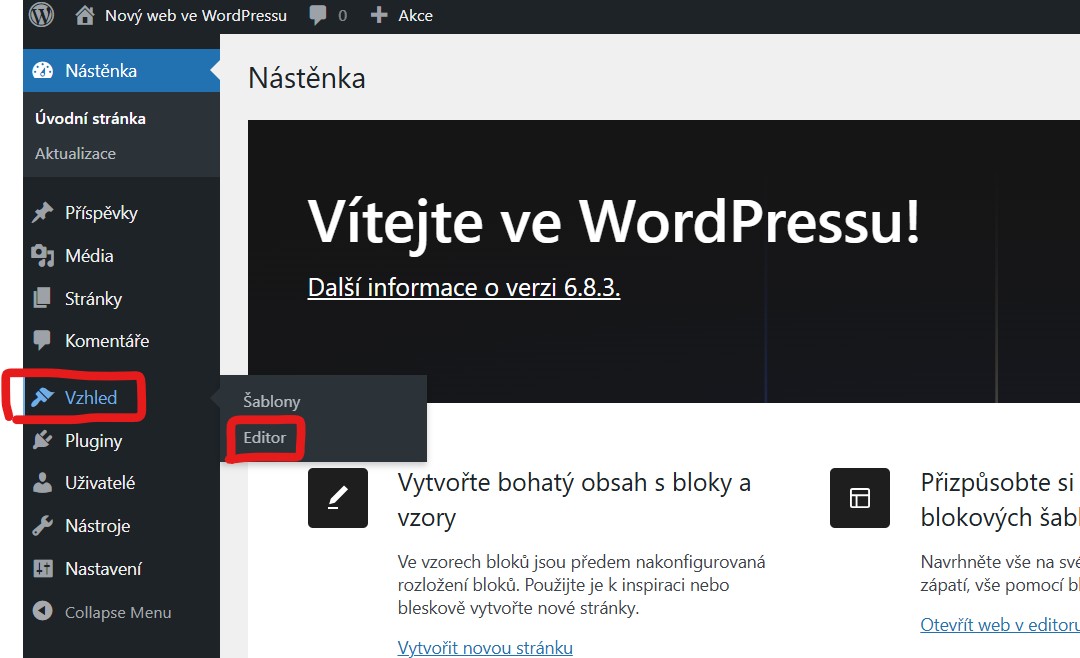 vzhled-editor-wordpress-nastaveni-celeho-webu-barvy-menu-pismo Jak vytvořit menu ve WordPressu - v menu najdete položku Vzhled - Menu - napíšete název menu a klinete na Vytvořit menu